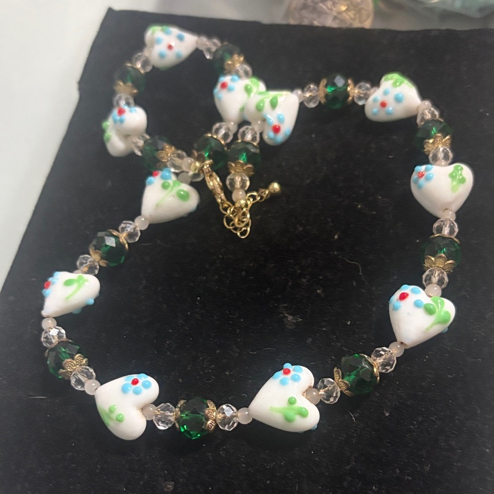 Heart Charm Necklace with Green and White Beads